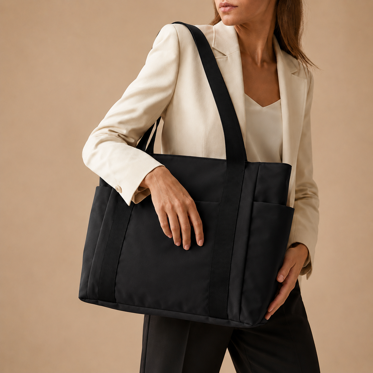 Grote zwarte damesshopper met lange hengsels en buitenvakken, gedragen over de schouder.