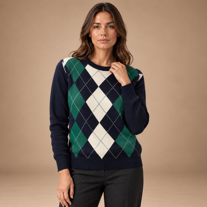 Argyle Trui Dames – Ruitpatroon en Ronde Hals – Green – vooraanzicht