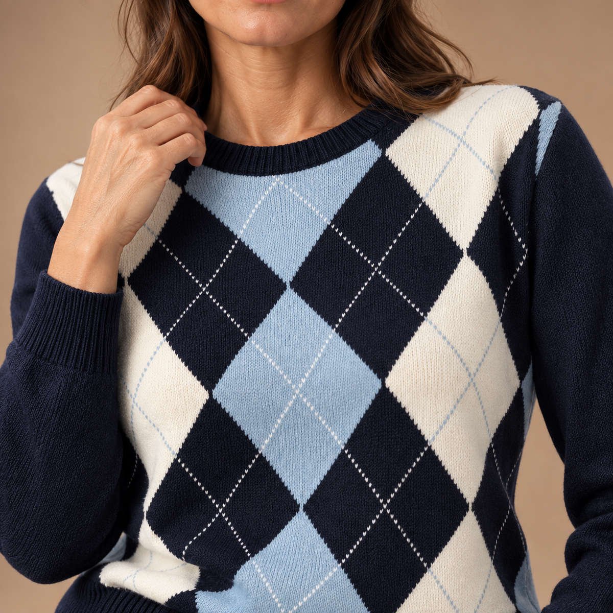 Argyle Trui Dames – Ruitpatroon en Ronde Hals – Mixed colors – detail