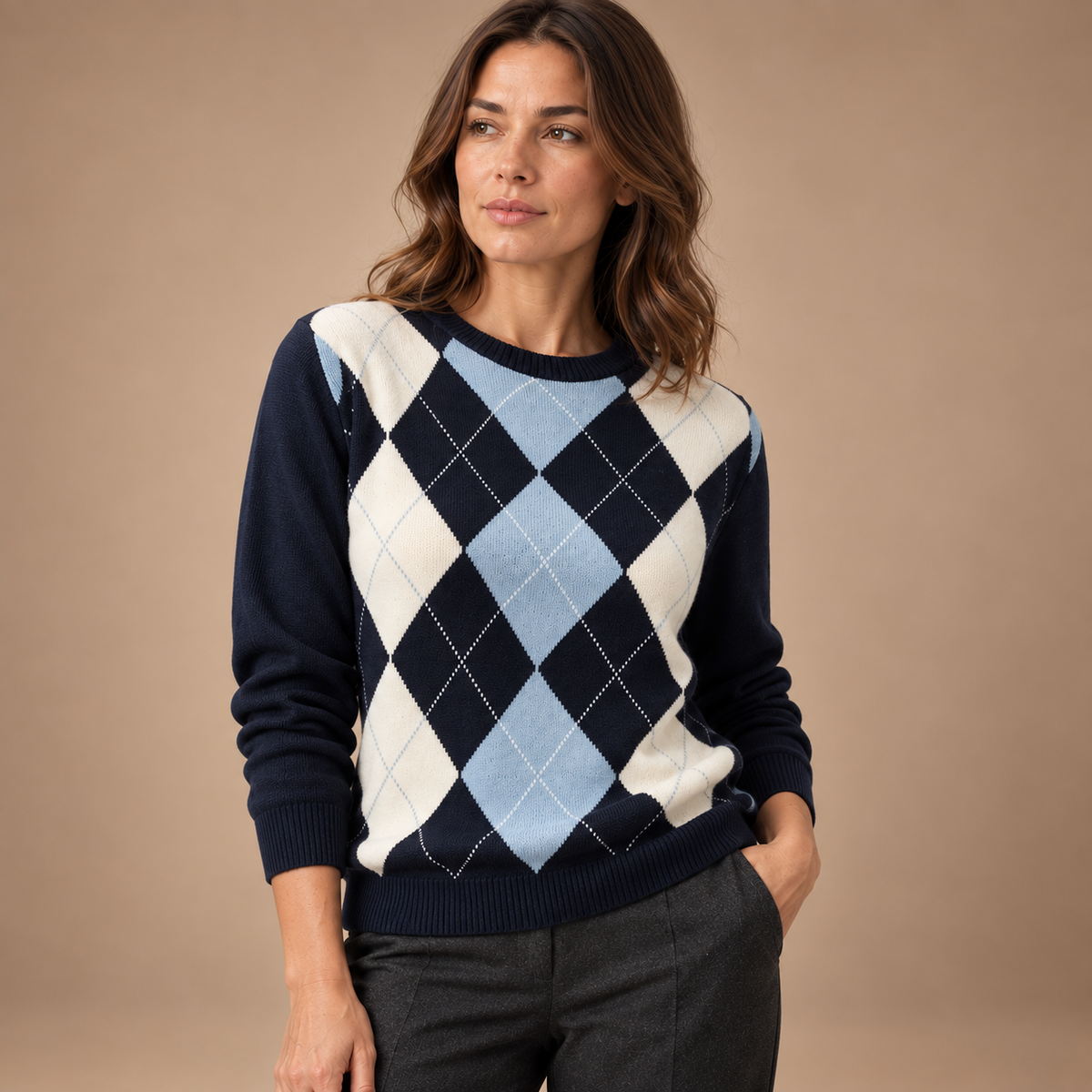 Argyle Trui Dames – Ruitpatroon en Ronde Hals – Mixed colors – driekwart