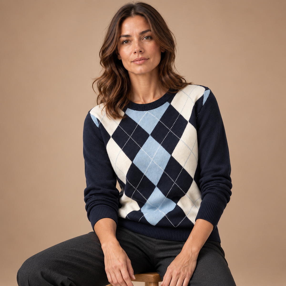 Argyle Trui Dames – Ruitpatroon en Ronde Hals – Mixed colors – zittend