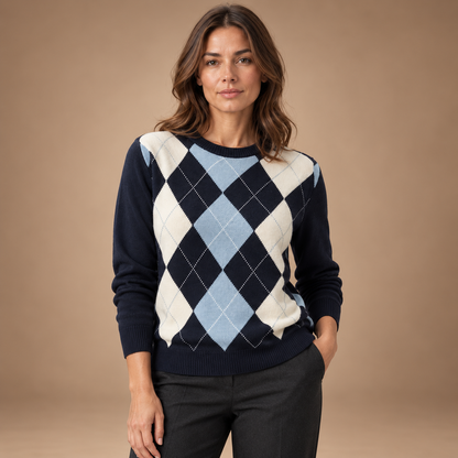 Argyle Trui Dames – Ruitpatroon en Ronde Hals – Mixed colors – vooraanzicht