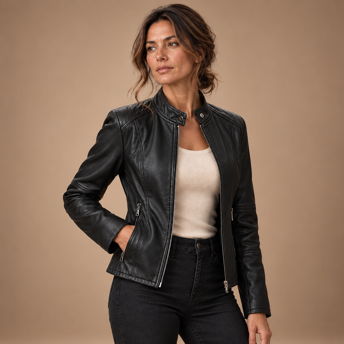 Bikerjack Dames – PU Look met Rits en Opstaande Kraag – Black – driekwart
