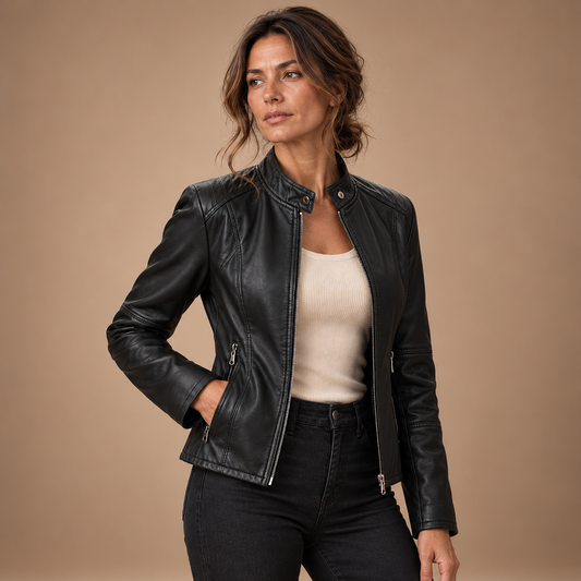 Bikerjack Dames – PU Look met Rits en Opstaande Kraag – Black – driekwart