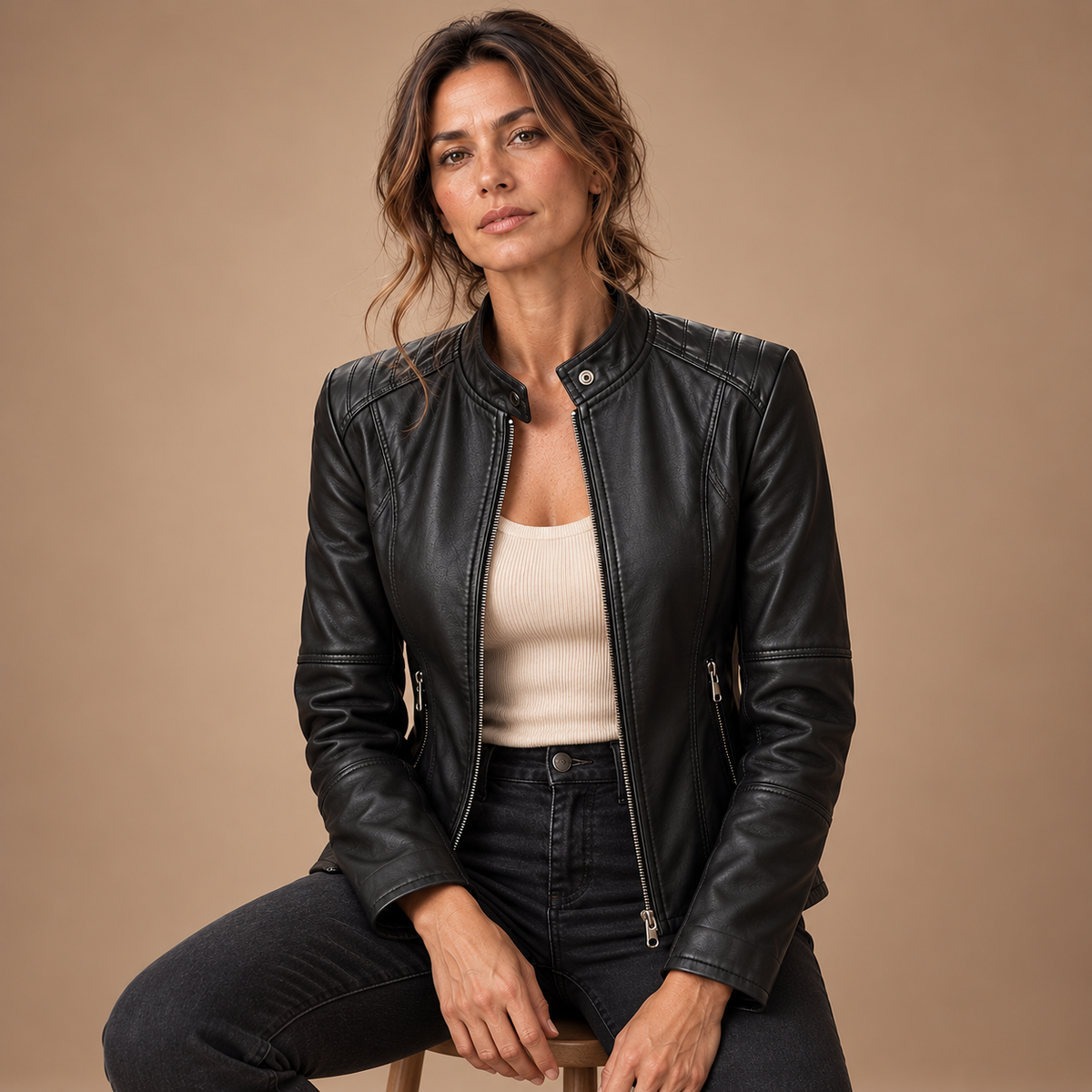 Bikerjack Dames – PU Look met Rits en Opstaande Kraag – Black – zittend