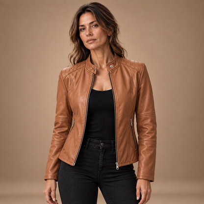 Bikerjack Dames – PU Look met Rits en Opstaande Kraag – Camel – vooraanzicht