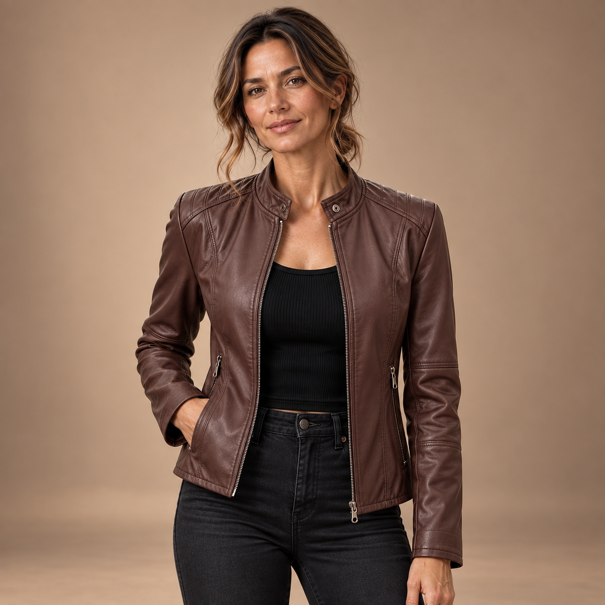 Bikerjack Dames – PU Look met Rits en Opstaande Kraag – Coffee Color – vooraanzicht