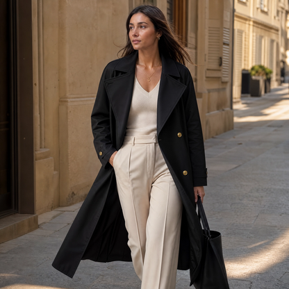 Trenchcoat Dames Lang – Tussenjas met Ceintuur Revers en Knopen – productafbeelding