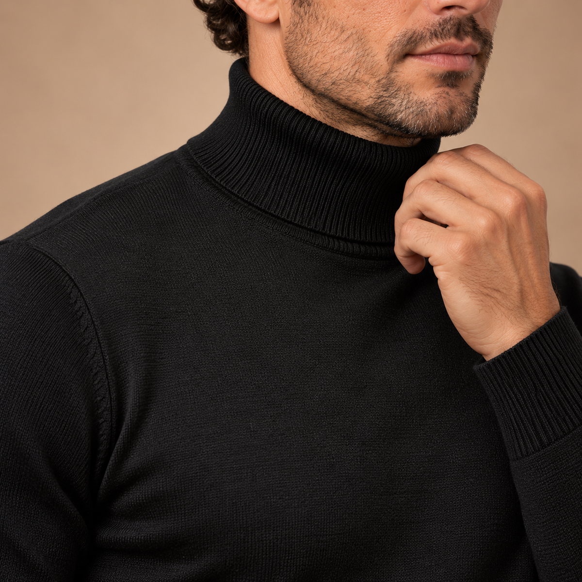 Coltrui Heren – Effen Fijngebreide Trui – Black – detail