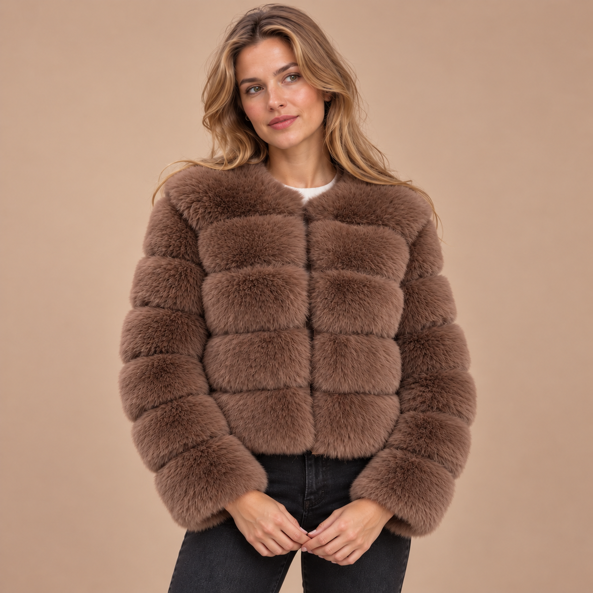 Chocoladebruin faux fur jas voor dames met lange mouwen – voorkant
