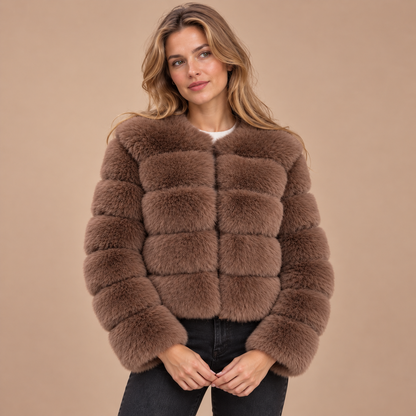 Chocoladebruin faux fur jas voor dames met lange mouwen – voorkant