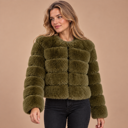 Groen faux fur jas voor dames met lange mouwen – voorkant