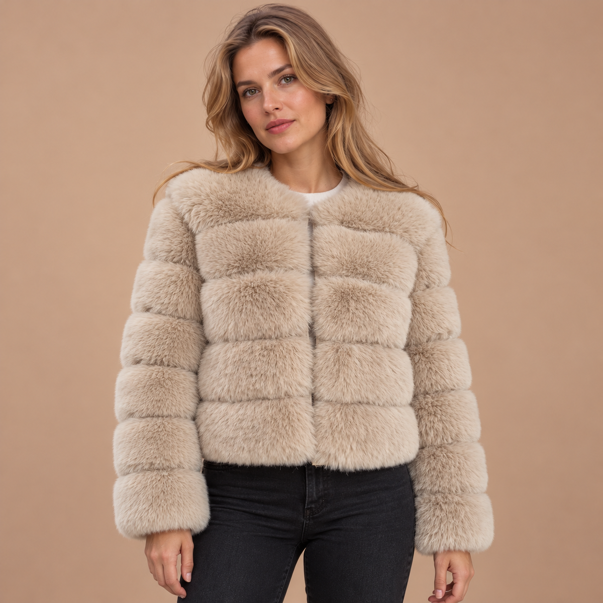 Lichtbeige faux fur jas voor dames met lange mouwen – productgericht vooraanzicht