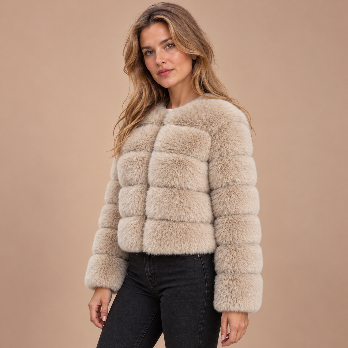 Lichtbeige faux fur jas voor dames met lange mouwen – zijaanzicht
