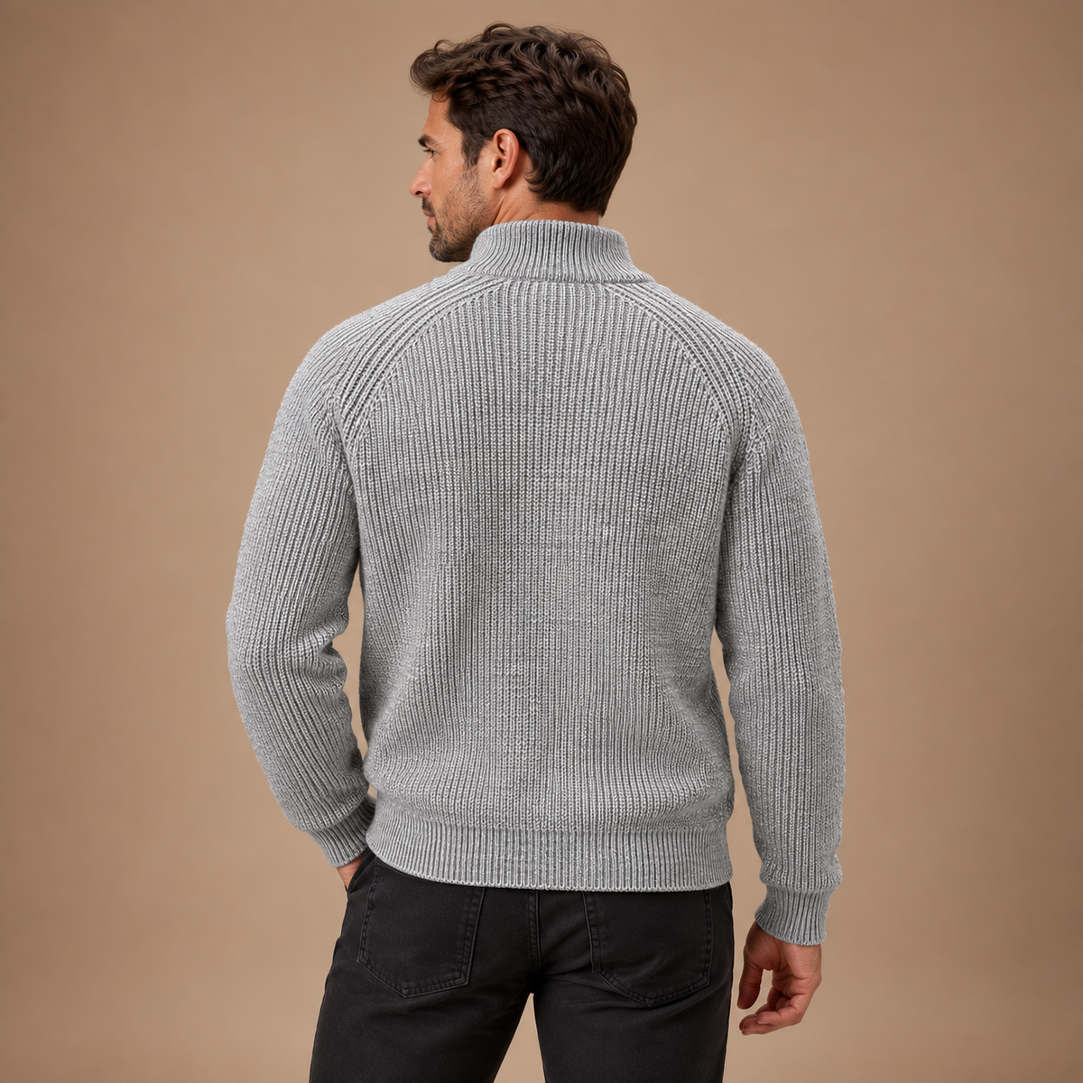 Gebreid Vest Heren – Opstaande Kraag en Rits – Grey – achteraanzicht