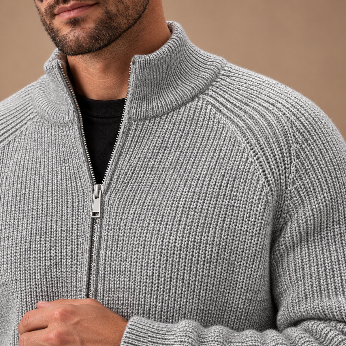Gebreid Vest Heren – Opstaande Kraag en Rits – Grey – detail