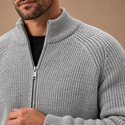 Gebreid Vest Heren – Opstaande Kraag en Rits – Grey – detail
