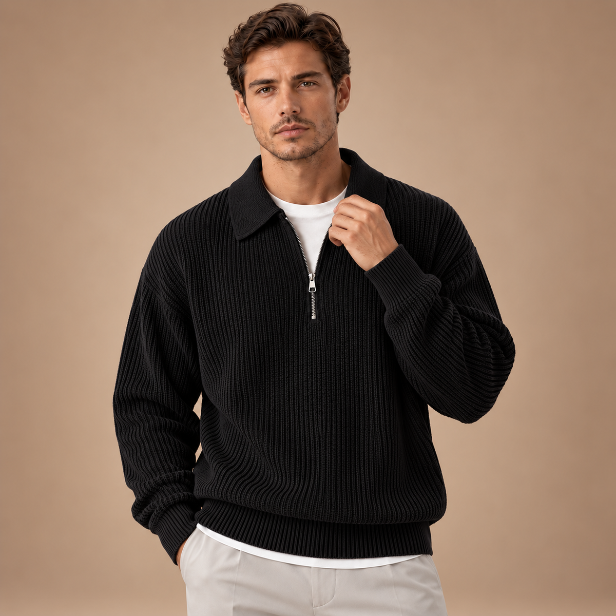 Gebreide Polotrui Heren – Korte Rits en Ribstructuur – Black Black – vooraanzicht