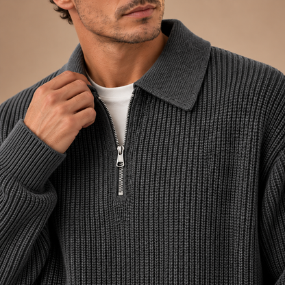 Gebreide Polotrui Heren – Korte Rits en Ribstructuur – Dark Gray – detail