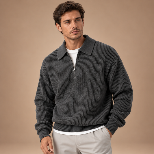 Gebreide Polotrui Heren – Korte Rits en Ribstructuur – Dark Gray – driekwart