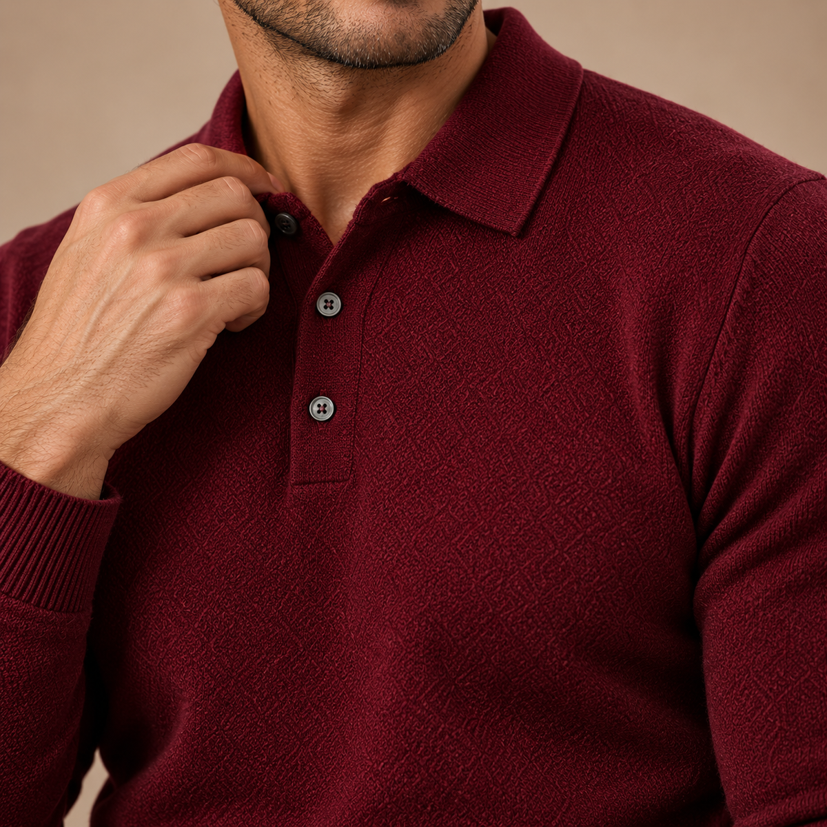 Gebreide Polotrui Heren – Lange Mouwen en Knoopsluiting – Burgundy – detail