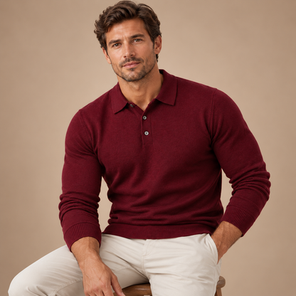 Gebreide Polotrui Heren – Lange Mouwen en Knoopsluiting – Burgundy – zittend