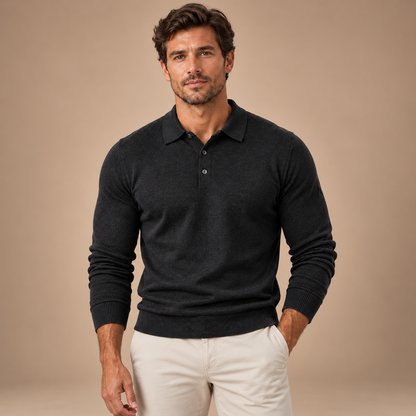 Gebreide Polotrui Heren – Lange Mouwen en Knoopsluiting – Dark Gray – vooraanzicht