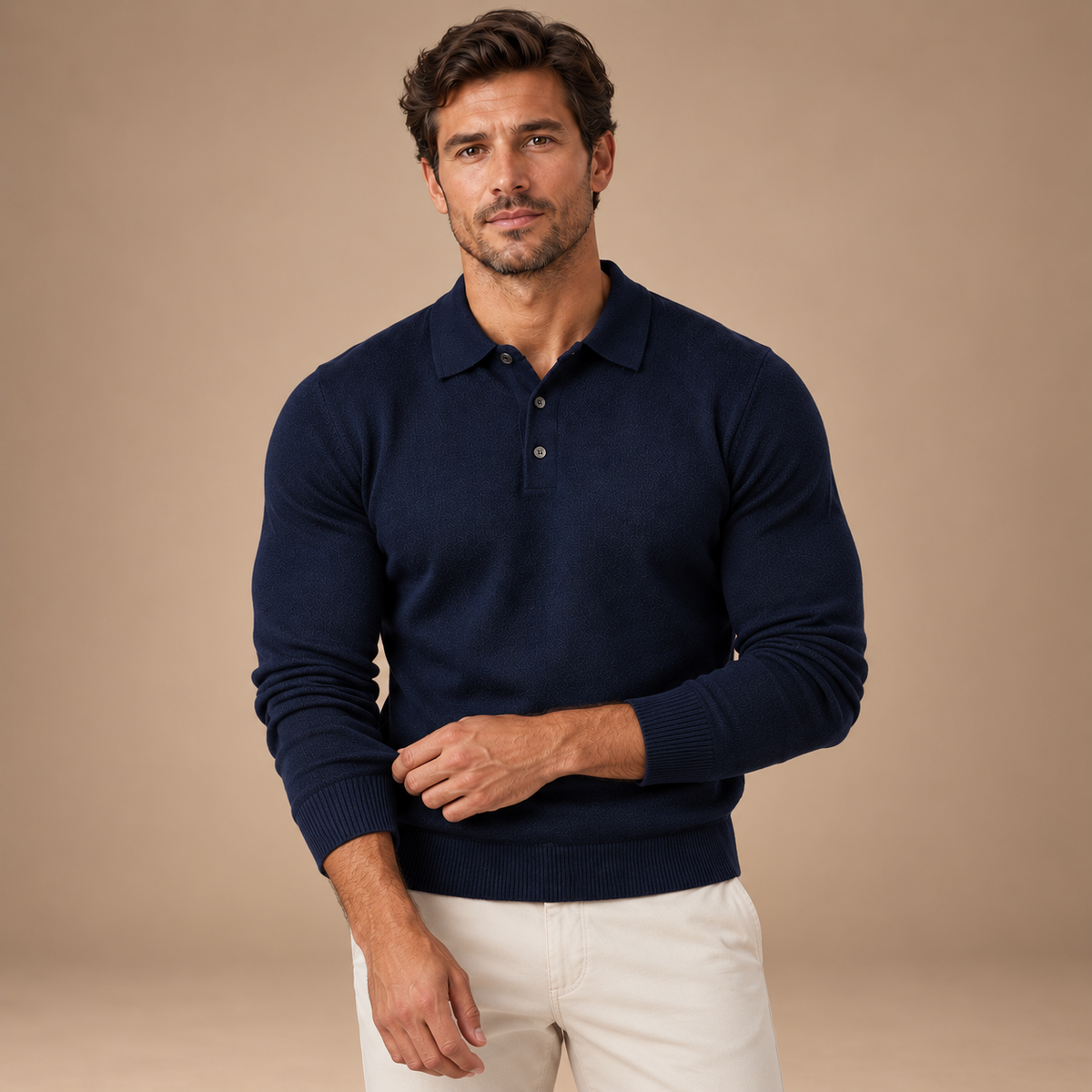 Gebreide Polotrui Heren – Lange Mouwen en Knoopsluiting – Navy Color – vooraanzicht
