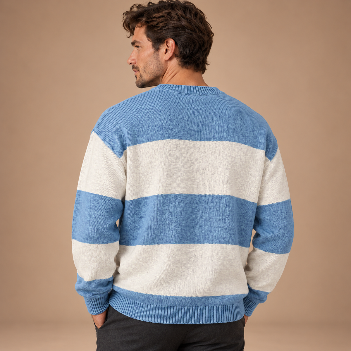 Gestreepte Trui Heren – Ronde Hals en Ruime Pasvorm – Light Blue – achteraanzicht
