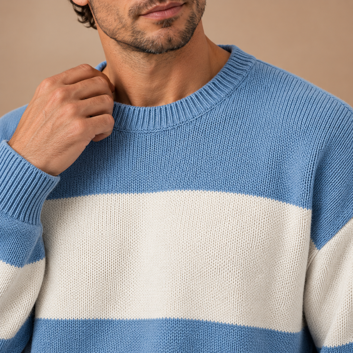 Gestreepte Trui Heren – Ronde Hals en Ruime Pasvorm – Light Blue – detail