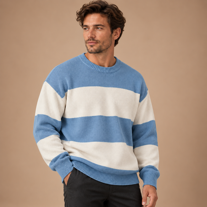 Gestreepte Trui Heren – Ronde Hals en Ruime Pasvorm – Light Blue – driekwart