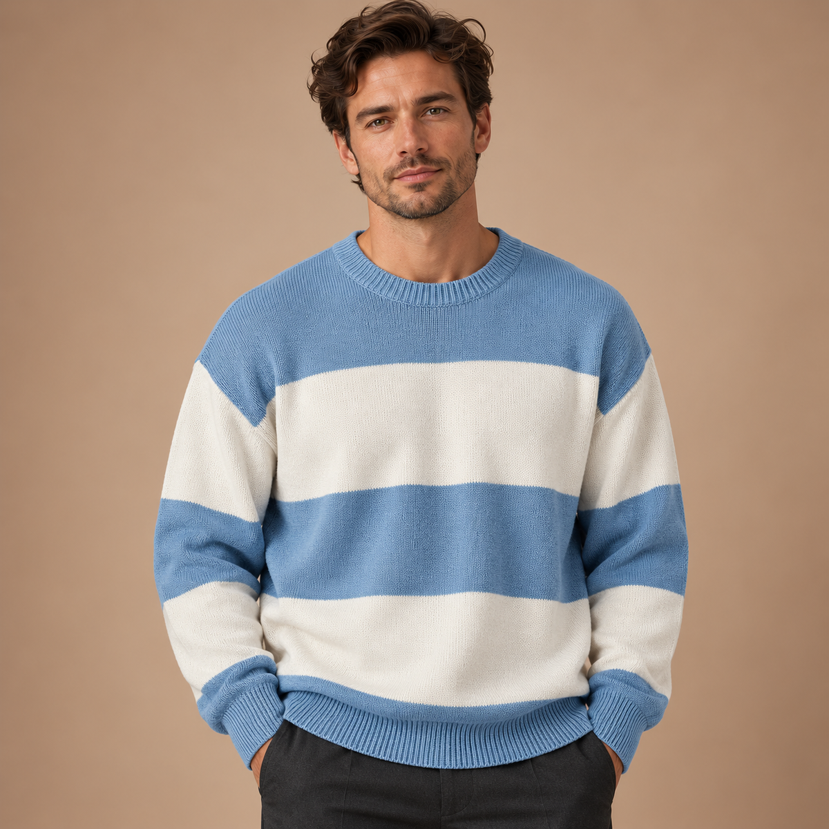 Gestreepte Trui Heren – Ronde Hals en Ruime Pasvorm – Light Blue – vooraanzicht
