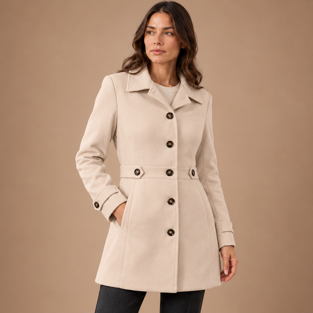 Getailleerde Mantel Dames – Revers en Knoopdetails – Apricot – driekwart