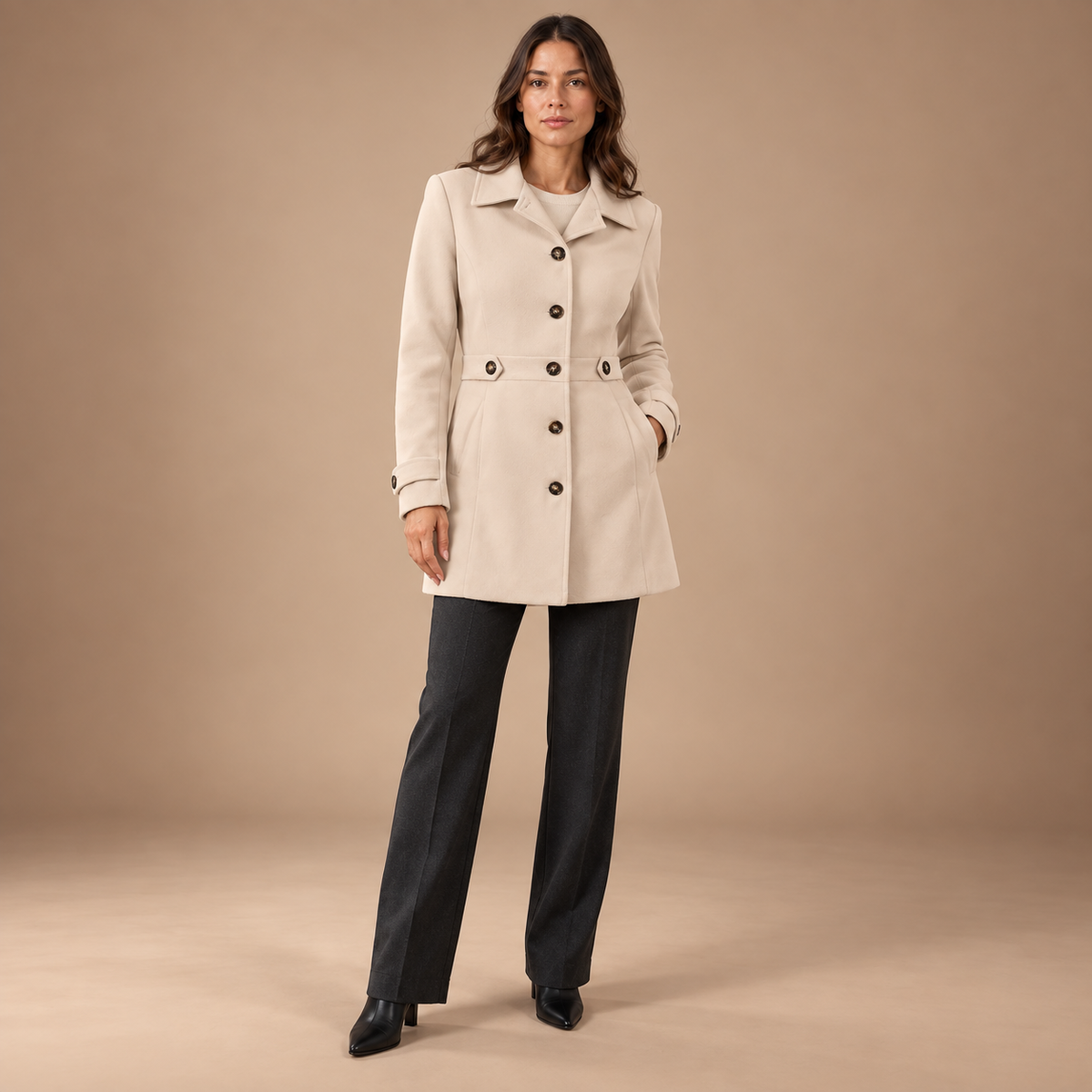 Getailleerde Mantel Dames – Revers en Knoopdetails – Apricot – vooraanzicht