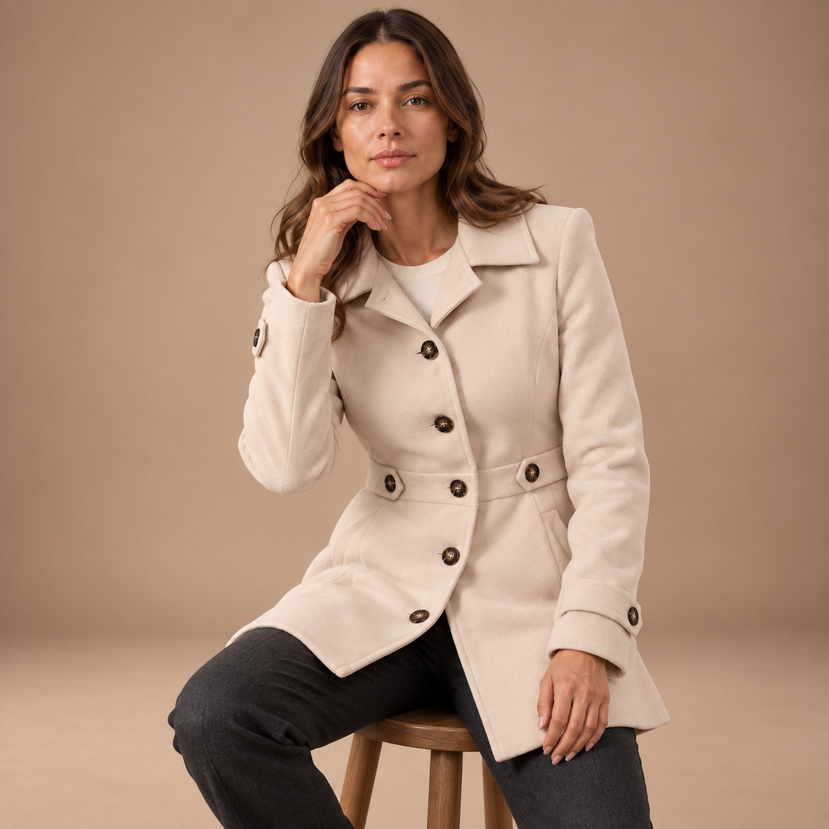 Getailleerde Mantel Dames – Revers en Knoopdetails – Apricot – zittend