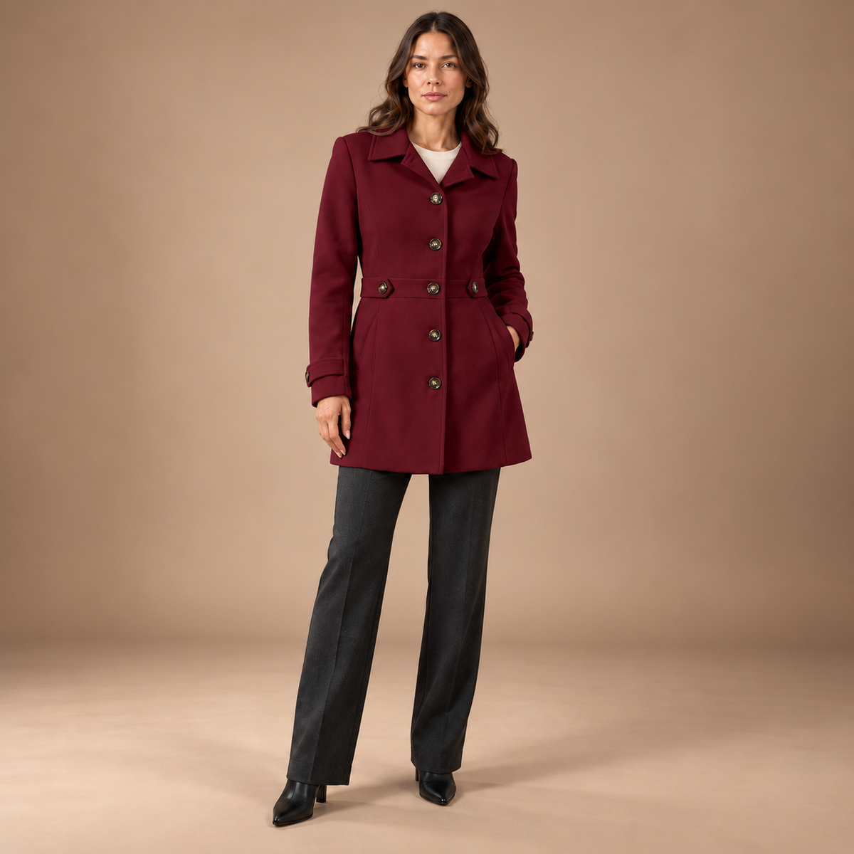 Getailleerde Mantel Dames – Revers en Knoopdetails – Burgundy – vooraanzicht