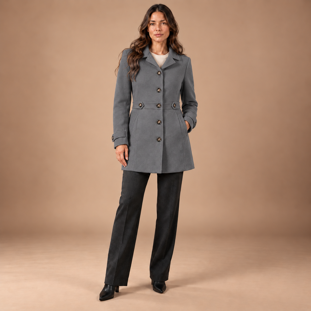 Getailleerde Mantel Dames – Revers en Knoopdetails – Grey – vooraanzicht
