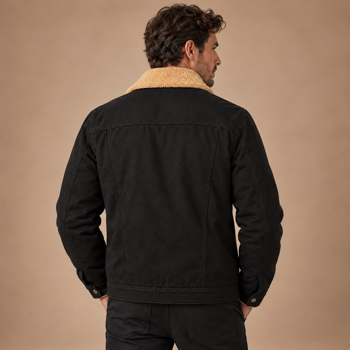 Gevoerd Workwear Jack Heren – Teddy Kraag en Klepzakken – Black – achteraanzicht