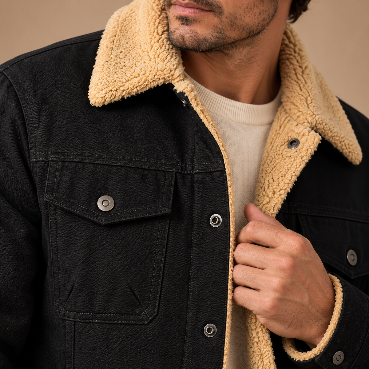 Gevoerd Workwear Jack Heren – Teddy Kraag en Klepzakken – Black – detail