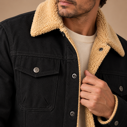 Gevoerd Workwear Jack Heren – Teddy Kraag en Klepzakken – Black – detail