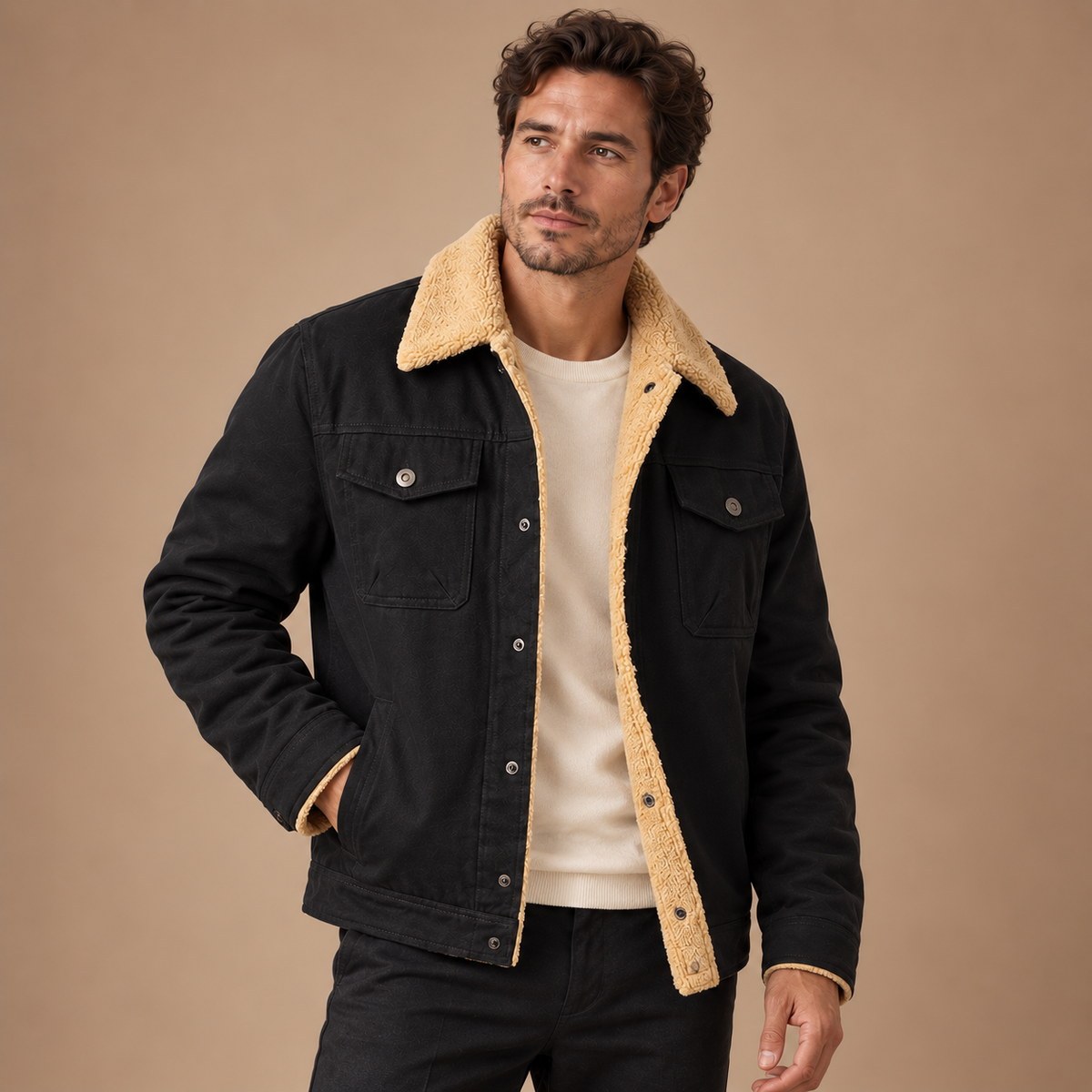 Gevoerd Workwear Jack Heren – Teddy Kraag en Klepzakken – Black – driekwart