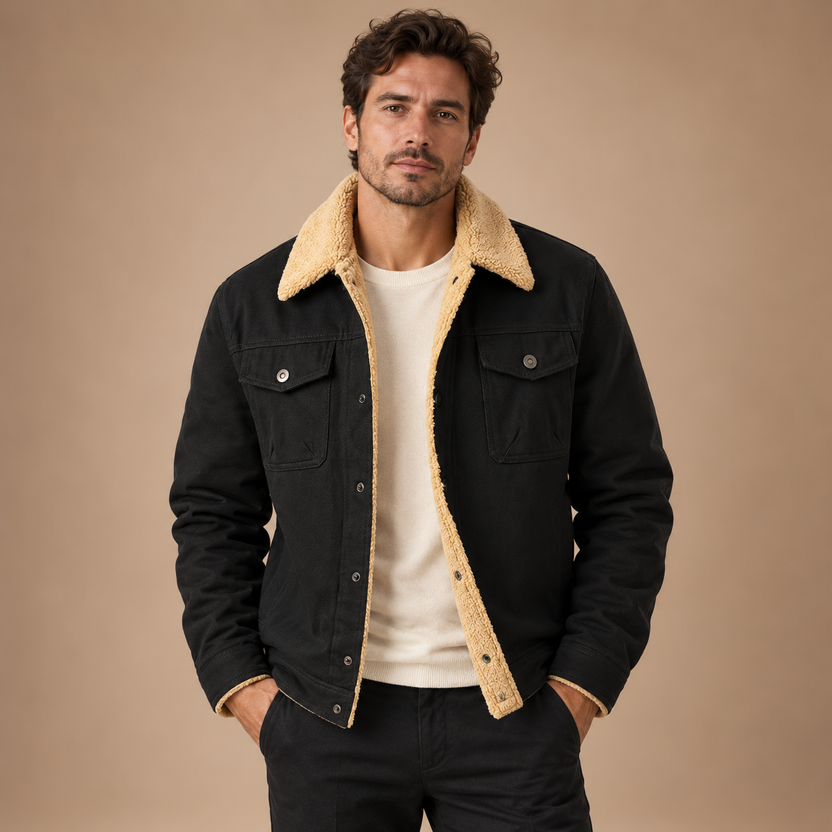 Gevoerd Workwear Jack Heren – Teddy Kraag en Klepzakken – Black – vooraanzicht