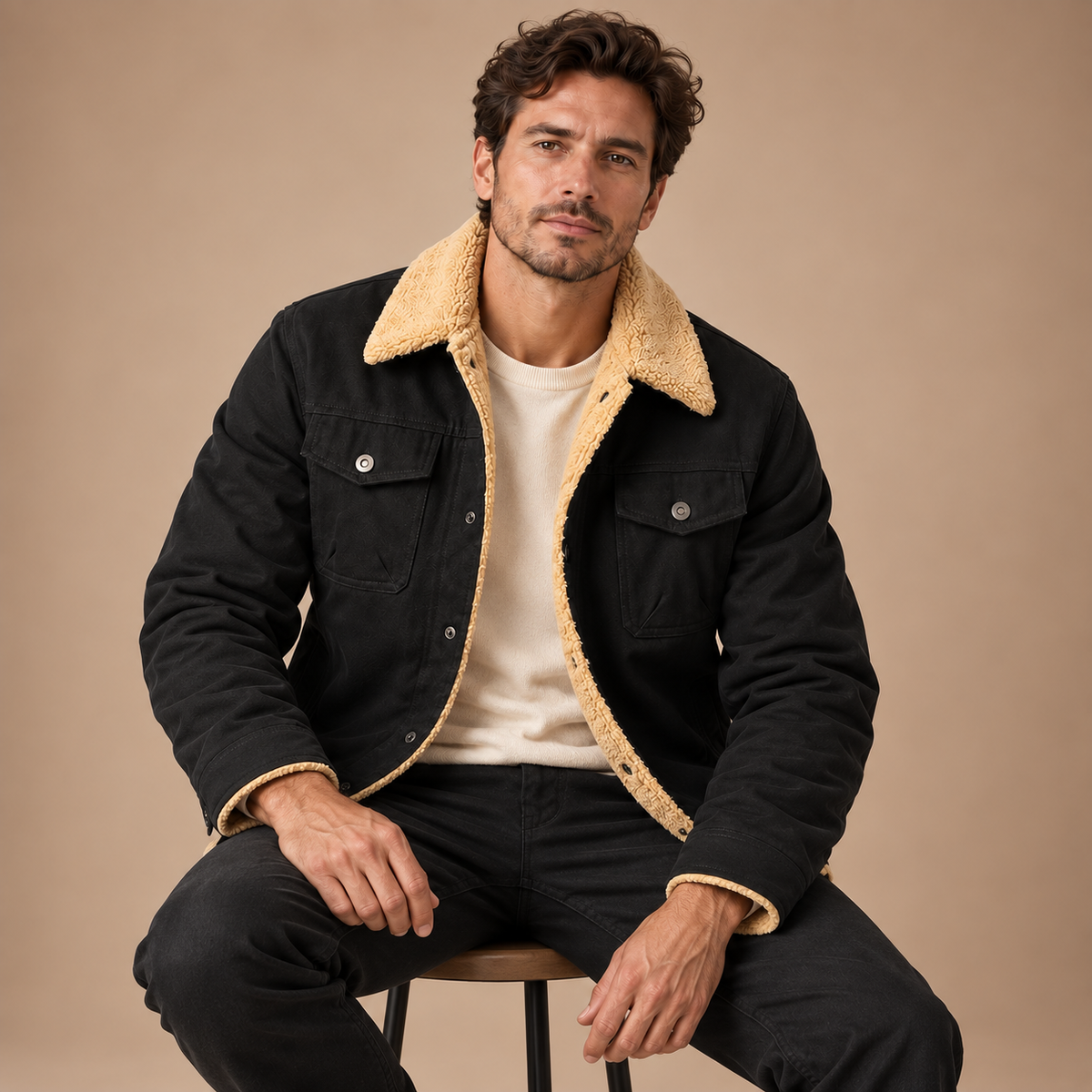 Gevoerd Workwear Jack Heren – Teddy Kraag en Klepzakken – Black – zittend