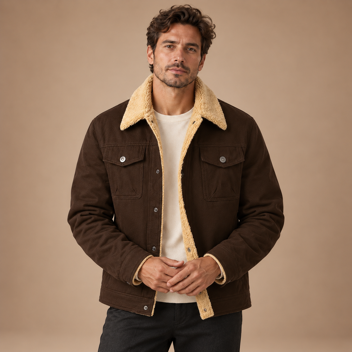 Gevoerd Workwear Jack Heren – Teddy Kraag en Klepzakken – Dark Brown – vooraanzicht
