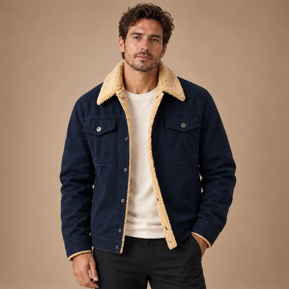 Gevoerd Workwear Jack Heren – Teddy Kraag en Klepzakken – Deep Blue – vooraanzicht