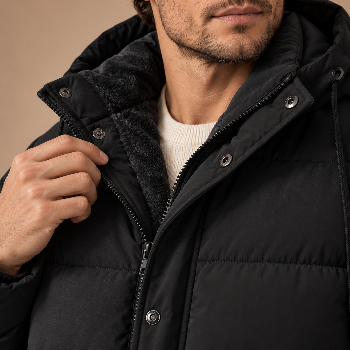 Gevoerde Pufferjas Heren – Capuchon en Rits – Black – detail