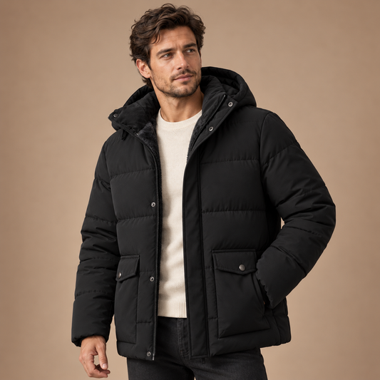 Gevoerde Pufferjas Heren – Capuchon en Rits – Black – driekwart