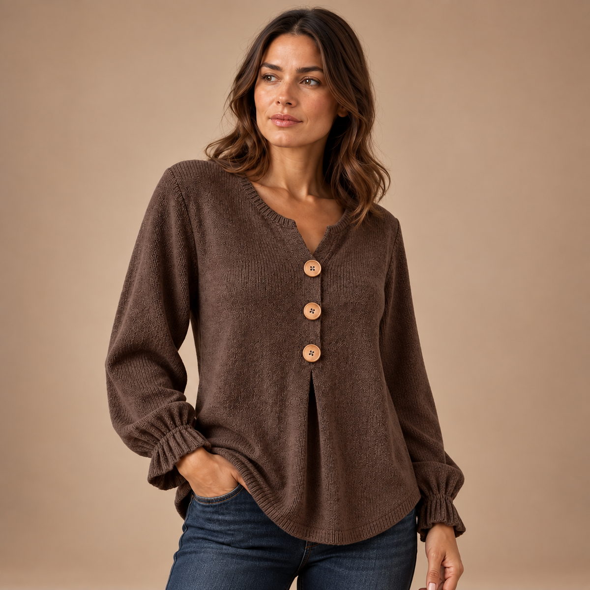 Henley Top Dames – Houten Knopen en Plooien – Coffee Color – driekwart