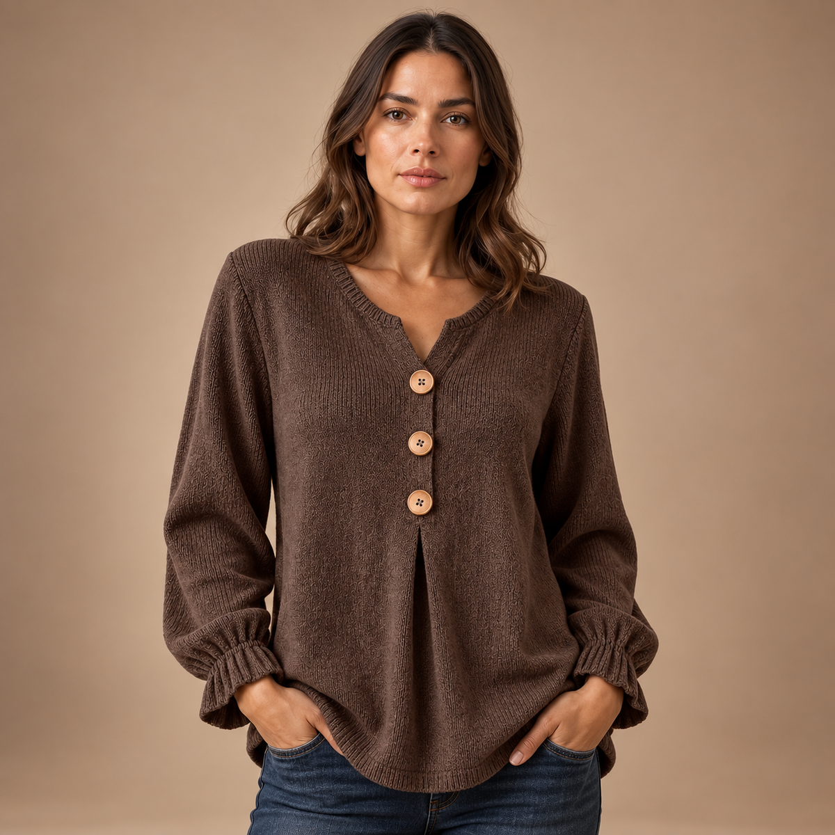 Henley Top Dames – Houten Knopen en Plooien – Coffee Color – vooraanzicht