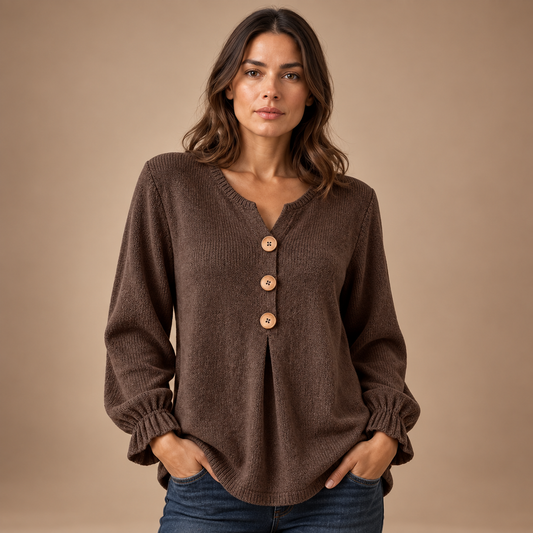 Henley Top Dames – Houten Knopen en Plooien – Coffee Color – vooraanzicht